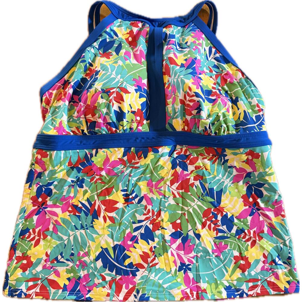 Lands' End Tankini Swim Top Womens 16 DD Tropical Floral High Neck Keyhole